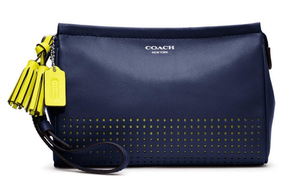 Coach Legacy Navy Bright Neon Yellow Perforated Leather Wristlet Clutch Zip